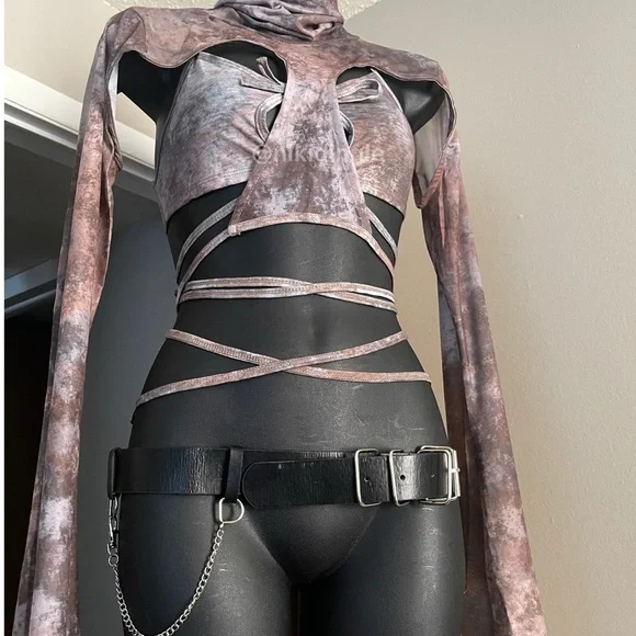 NEW Dolls Kill Darker Wavs Fader Top and Shrug Set Goth Punk Large Bell sleeve L - Picture 3 of 10